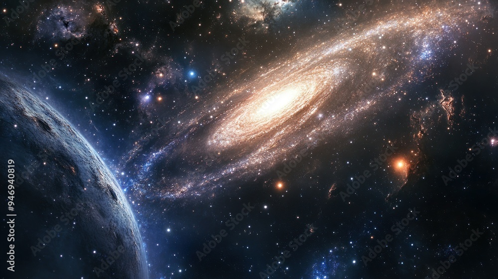 Obraz premium A Distant Planet and a Spiral Galaxy in a Starry Night Sky