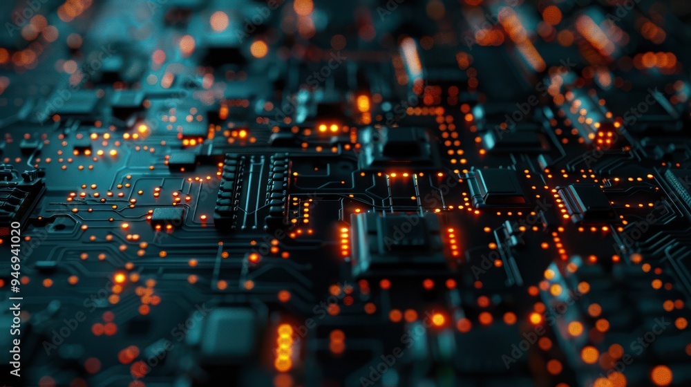 Circuit Board with Orange Glowing Lights Circuit Board with Orange Glowing Lights