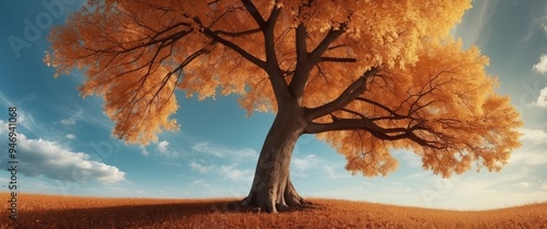 A Solitary Tree with Golden Leaves Against a Blue Sky
