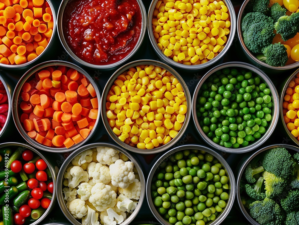 Top view of multiple cans of various vegetables in a grid-based pattern. Top view of multiple cans of various vegetables in a grid-based pattern.