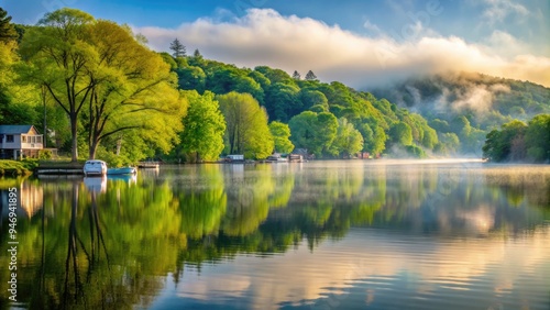 Serene spring morning at Lake Hopatcong in New Jersey, with lush green trees, calm water, and misty fog rising from the lake's surface. photo