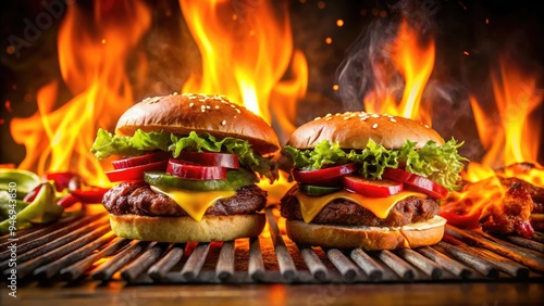 Sizzling burgers and vegetables cook on a rusty metal grill grate, surrounded by flames and smoke, against a dark blurred background with warm golden lighting. photo