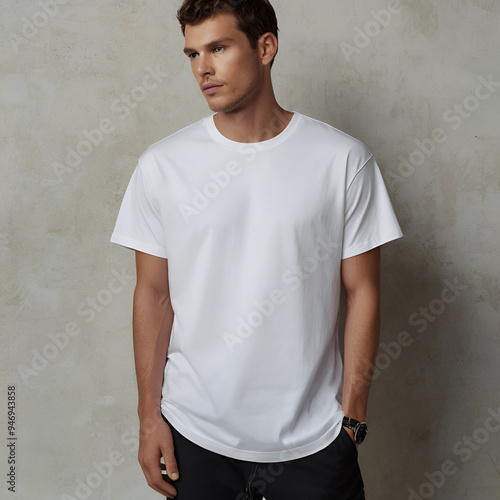 A high-quality commercial image of a white man wearing a loose-fitting, unisex white men's t-shirt. The t-shirt features a round neck and a relaxed, slightly oversized fit.