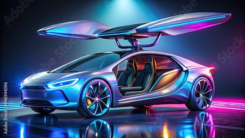 Sleek, aerodynamic concept sketches of next-generation vehicles with holographic displays, gull-wing doors, and neon-lit wheels, showcasing innovative, high-tech transportation designs for the future. photo