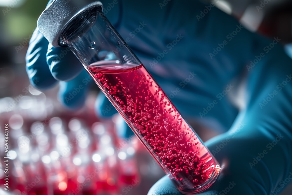 A test tube containing of the Mpox virus, held by a professional doctor wearing blue gloves and medical attire A test tube containing of the Mpox virus, held by a professional doctor wearing blue gloves and medical attire