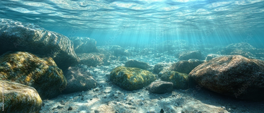 Underwater Scene with Sunbeams Shining on Rocks Underwater Scene with Sunbeams Shining on Rocks