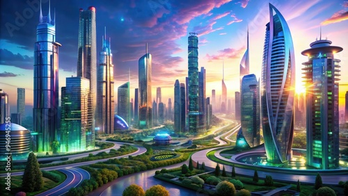 Sleek, modern skyscrapers and neon-lit streets converge in a futuristic metropolis, showcasing innovative urban planning designs and sustainable infrastructure for a high-tech, eco-friendly community. photo