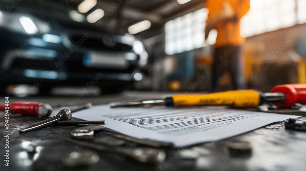 The gleaming surface of an insurance policy document contrasts with the worn tools and parts of a car being repaired, symbolizing the safety net provided by insurance. The gleaming surface of an insurance policy document contrasts with the worn tools and parts of a car being repaired, symbolizing the safety net provided by insurance.