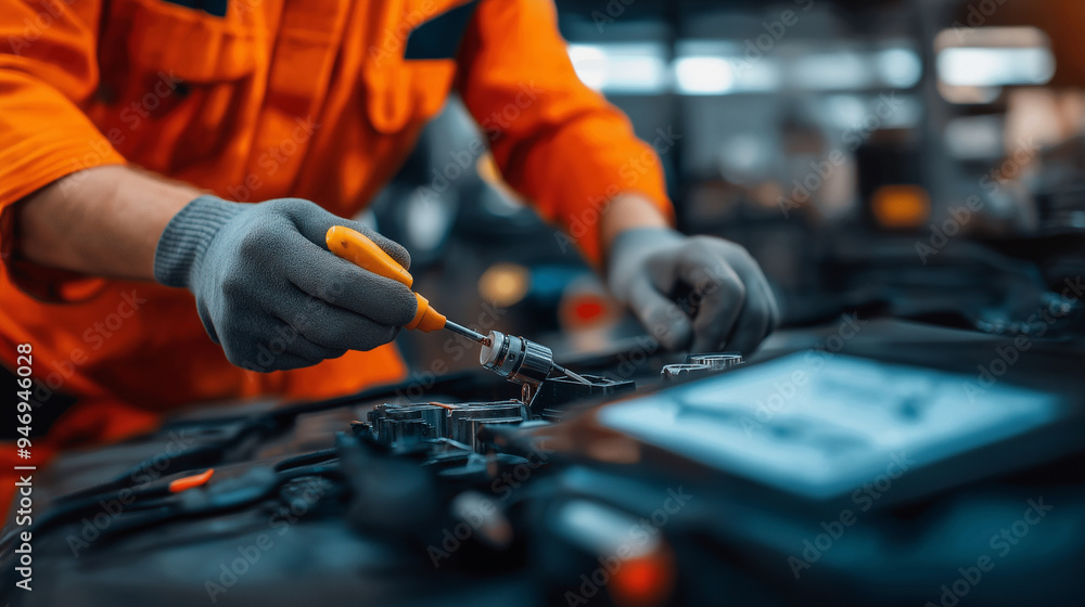 A mechanic's hands are busy replacing a car part, with an insurance policy prominently displayed in sharp focus in the foreground, stressing the importance of being insured. A mechanic's hands are busy replacing a car part, with an insurance policy prominently displayed in sharp focus in the foreground, stressing the importance of being insured.