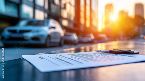 The clear, sharp lines of an insurance policy document stand out against the chaotic scene of a car undergoing extensive repairs, symbolizing order and protection.