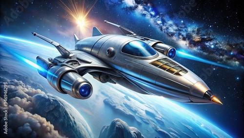 Sleek, silver spaceship with glowing blue engines and retractable landing gear soars through a starry galaxy, exemplifying advanced technology and intergalactic exploration. photo