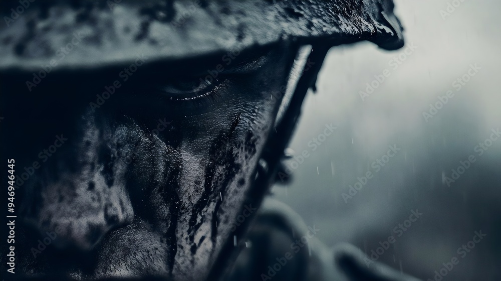 Fototapeta premium A close-up of a soldier's face, marred by dirt and grime, reveals a piercing gaze. The monochromatic image emphasizes the harsh realities of war.