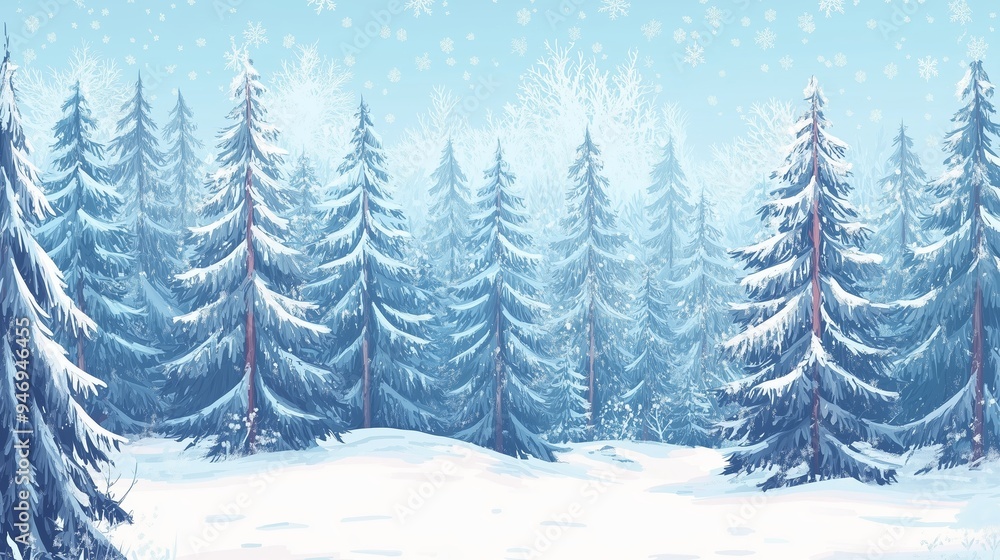Snow-covered forest landscape with tall evergreens and gentle snowfall in a serene winter setting Snow-covered forest landscape with tall evergreens and gentle snowfall in a serene winter setting
