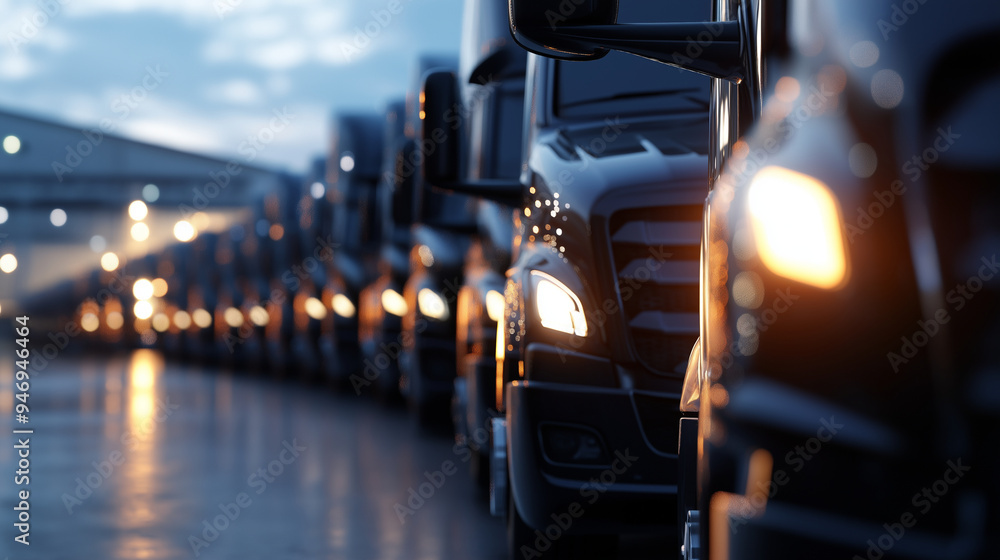 A detailed shot of the side mirrors and grilles of a fleet of trucks, all facing a large warehouse, capturing the readiness for factory goods transportation. A detailed shot of the side mirrors and grilles of a fleet of trucks, all facing a large warehouse, capturing the readiness for factory goods transportation.