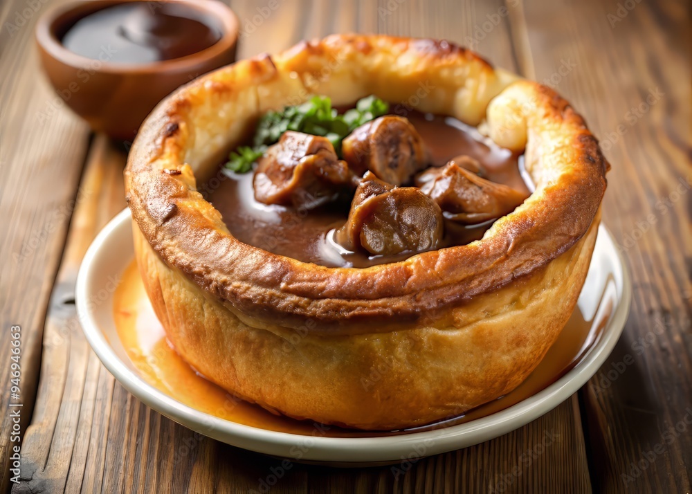 Yorkshire pudding filled with a rich beef gravy, photographed from directly above with a shallow depth of field Yorkshire pudding filled with a rich beef gravy, photographed from directly above with a shallow depth of field