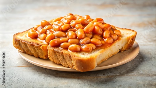 Against a soft, cream-colored background, a slice of toast takes center stage, piled high with a generous serving of baked beans