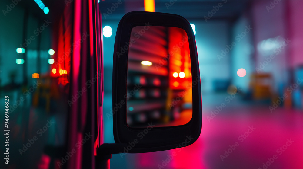 A close-up of the truckâs side mirrors reflecting the warehouse behind them, illustrating the connection between storage and logistics. A close-up of the truckâs side mirrors reflecting the warehouse behind them, illustrating the connection between storage and logistics.