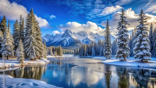 Snow-capped evergreen trees line a serene frozen lake, surrounded by majestic mountains, beneath a crisp blue winter sky with a few wispy clouds. photo