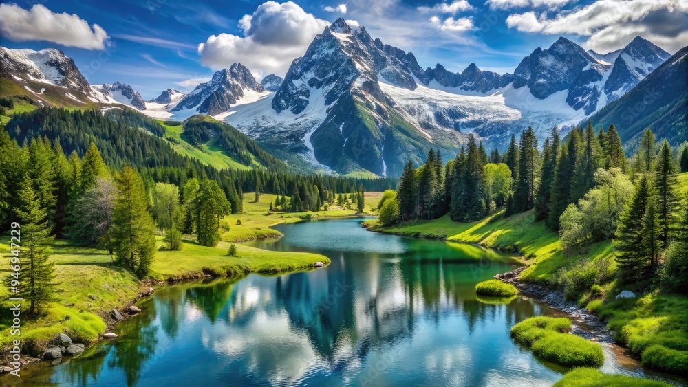 Snow-capped peaks rise dramatically amidst a serene alpine landscape with lush green forests, tranquil lakes, and meandering streams under a vibrant blue sky. Snow-capped peaks rise dramatically amidst a serene alpine landscape with lush green forests, tranquil lakes, and meandering streams under a vibrant blue sky.