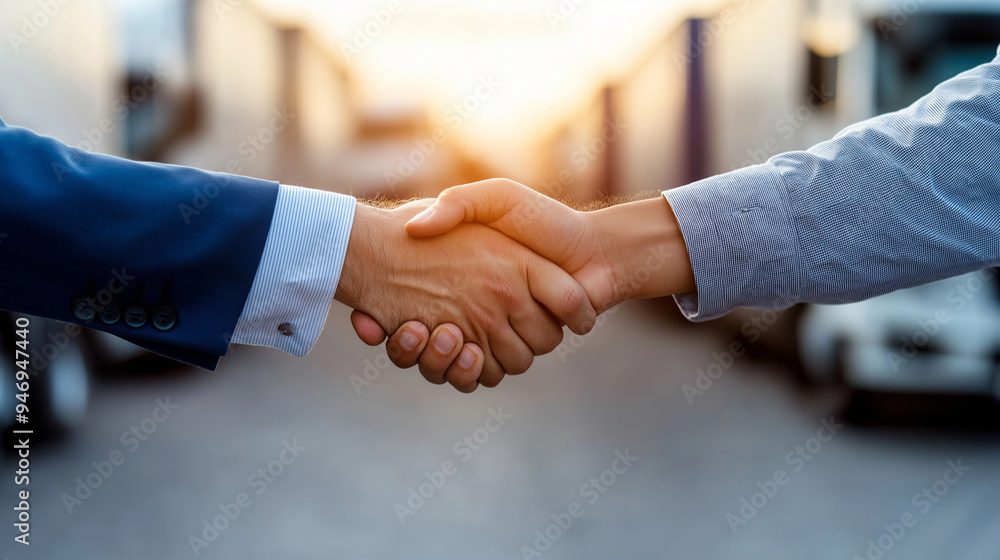 The focus is on the handshake of two business professionals, with trucks and a warehouse in the background, marking the completion of a critical logistics agreement. The focus is on the handshake of two business professionals, with trucks and a warehouse in the background, marking the completion of a critical logistics agreement.