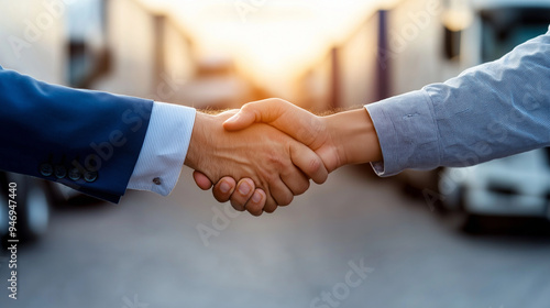 The focus is on the handshake of two business professionals, with trucks and a warehouse in the background, marking the completion of a critical logistics agreement.