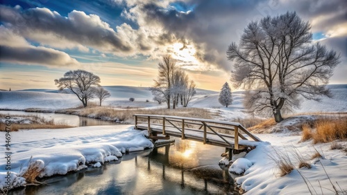 Snow-covered rural landscape featuring a rustic wooden bridge spanning a frozen creek, surrounded by bare trees and rolling hills under a gray winter sky. photo