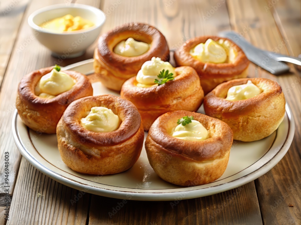 A plate of individual Yorkshire puddings, each one topped with a dollop of whipped butter and a sprinkle of sea salt A plate of individual Yorkshire puddings, each one topped with a dollop of whipped butter and a sprinkle of sea salt