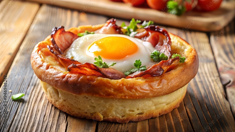 Yorkshire pudding topped with a fried egg and crispy bacon, set against a bright, sunny background Yorkshire pudding topped with a fried egg and crispy bacon, set against a bright, sunny background