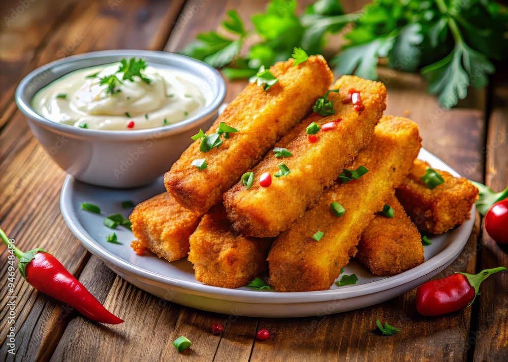 Golden-brown fish sticks served with a side of creamy tartar sauce, garnished with fresh parsley and a sprinkle of paprika Golden-brown fish sticks served with a side of creamy tartar sauce, garnished with fresh parsley and a sprinkle of paprika