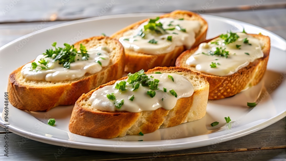A delicate drizzle of bread sauce over a row of toasted bread slices, arranged artfully on a white ceramic plate. A delicate drizzle of bread sauce over a row of toasted bread slices, arranged artfully on a white ceramic plate.