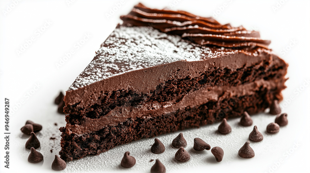 A slice of decadent chocolate cake with rich frosting and a sprinkle of powdered sugar, showcasing its indulgence, isolated on a white background. A slice of decadent chocolate cake with rich frosting and a sprinkle of powdered sugar, showcasing its indulgence, isolated on a white background.