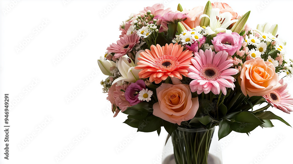 A vibrant bouquet of assorted fresh flowers, including roses, lilies, and daisies, arranged in a glass vase, isolated on a white background. A vibrant bouquet of assorted fresh flowers, including roses, lilies, and daisies, arranged in a glass vase, isolated on a white background.
