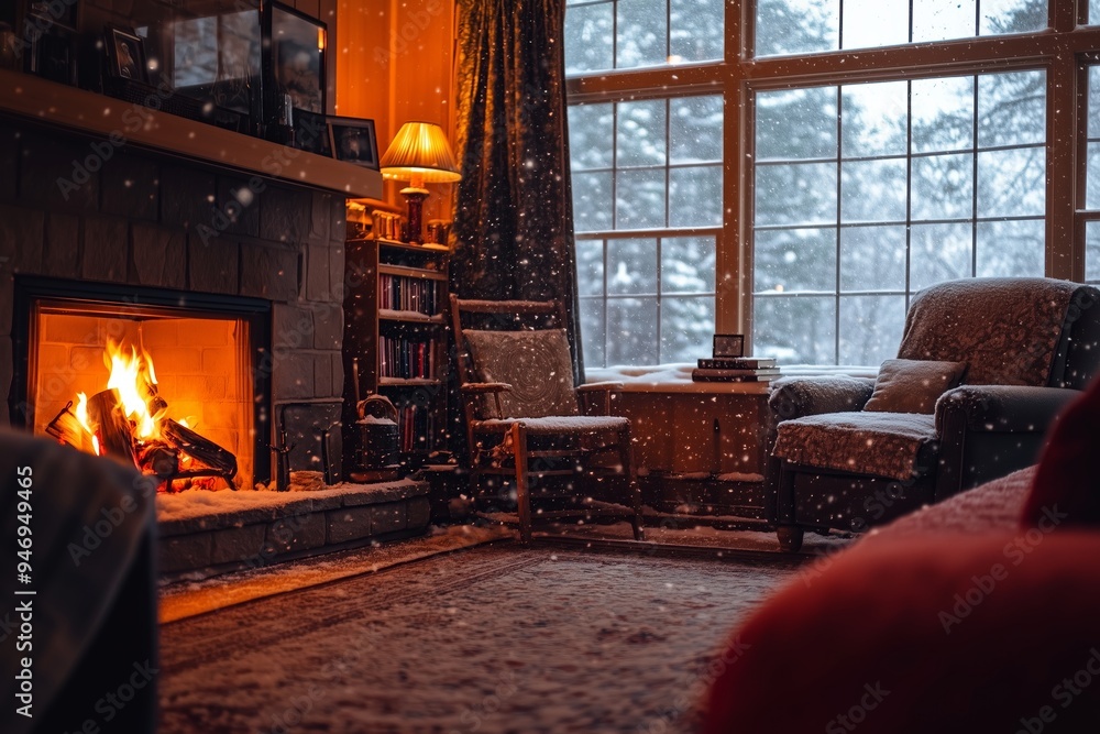 Cozy winter living room with a fireplace glowing warmly and snow gently falling outside the window in a serene setting Cozy winter living room with a fireplace glowing warmly and snow gently falling outside the window in a serene setting