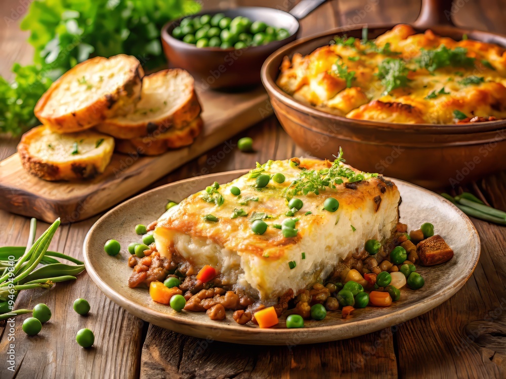 A warm and inviting plate of vegetarian shepherd's pie, garnished with fresh herbs and served with a side of crusty bread, lit by soft, golden light. A warm and inviting plate of vegetarian shepherd's pie, garnished with fresh herbs and served with a side of crusty bread, lit by soft, golden light.