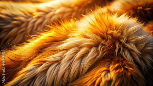 Soft, luxurious fur fills the frame in this extreme close-up shot, showcasing intricate textures and patterns of a mysterious, velvety animal coat in warm, golden light. photo