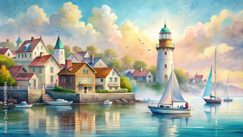 Softly blended watercolor hues depict a charming seaside town's pastel-hued buildings, sailboats, and lighthouse, amidst gentle waves and a serene misty atmosphere. photo