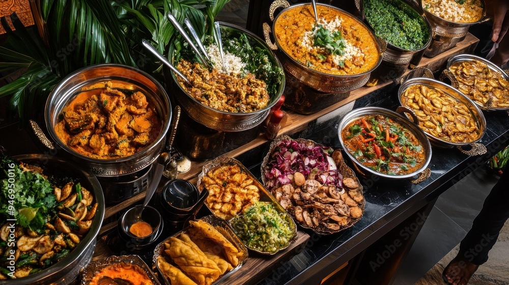 Obraz premium An Array of Indian Dishes in Silver and Brass Bowls