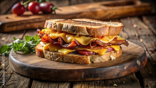 A hearty bacon sandwich, piled high with melted cheddar cheese, on a distressed wooden platter, against a rustic, countryside-inspired background.