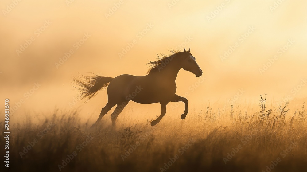 A horse running through a field of tall grass at sunset A horse running through a field of tall grass at sunset