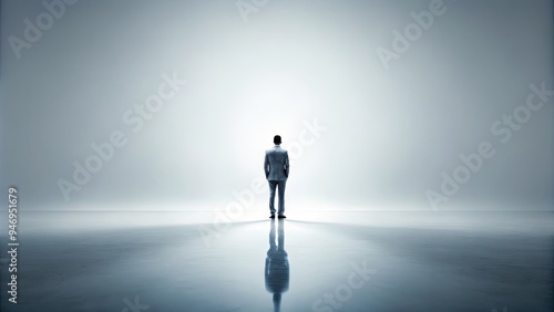 Solo adult figure stands alone in empty white space, conveying emotions of loneliness, contemplation, and introspection, with a subtle focus on the human form.