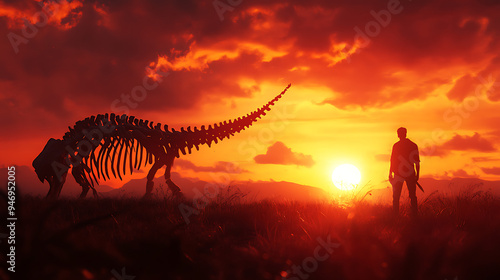 A lone figure stands before a dinosaur skeleton at sunset. The fiery sky creates a dramatic and evocative scene. photo