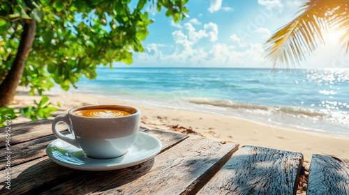 A Cup of Coffee with a View of a Tropical Beach