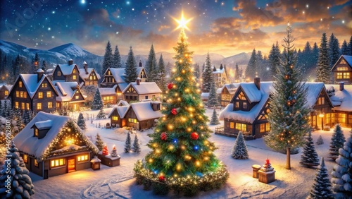 Wallpaper Mural Sparkling snowflakes gently fall on a festive holiday village, adorned with twinkling lights, garlands, and a majestic evergreen tree, evoking cozy winter wonderland magic. Torontodigital.ca