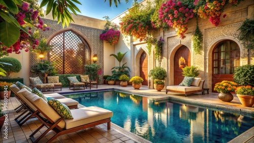 Sparkling sunlight illuminates a serene outdoor pool scene featuring a traditional Arabic-style patio, vibrant floral arrangements, and comfortable lounge chairs amidst a relaxed atmosphere.