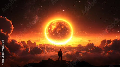A lone figure stands on a mountaintop, gazing at a giant, fiery sun in the sky.  The scene is dramatic and evocative of hope and new beginnings.