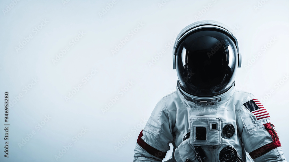 A full-body shot of the astronaut in her spacesuit, standing with her hands on her hips, exuding strength and readiness against a white plain background. A full-body shot of the astronaut in her spacesuit, standing with her hands on her hips, exuding strength and readiness against a white plain background.