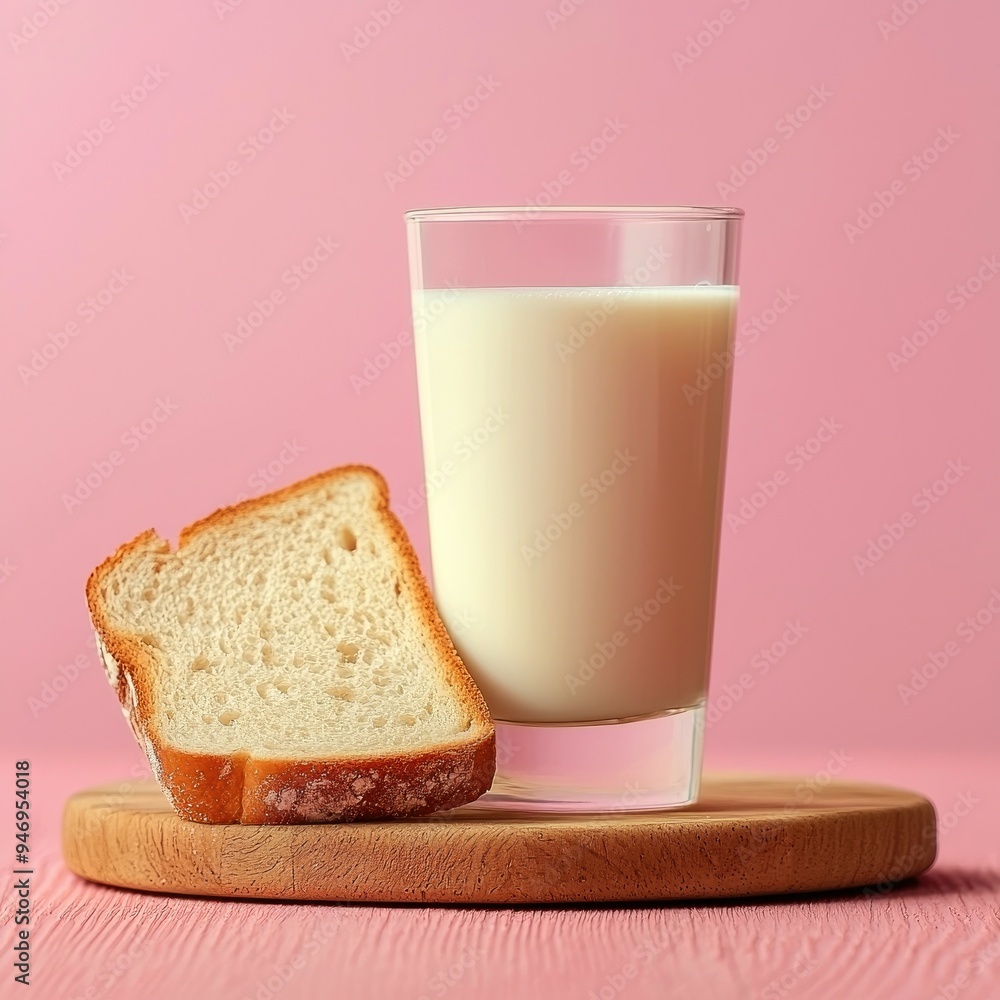 A Glass of Milk and a Slice of Bread on a Wooden Cutting Board A Glass of Milk and a Slice of Bread on a Wooden Cutting Board