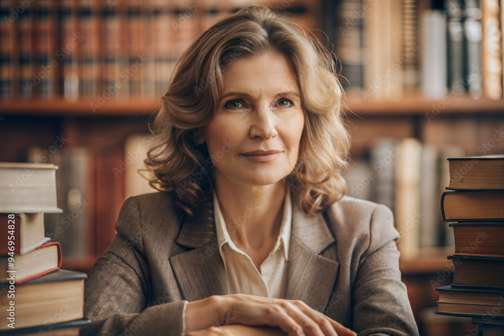 Confident female teacher sitting at a desk surrounded by books in a classic library setting Confident female teacher sitting at a desk surrounded by books in a classic library setting