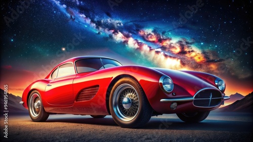 Stylized illustration of a sleek, cherry-red sports car with bold lines, rounded curves, and vintage flair, set against a bold, starry night sky backdrop. photo