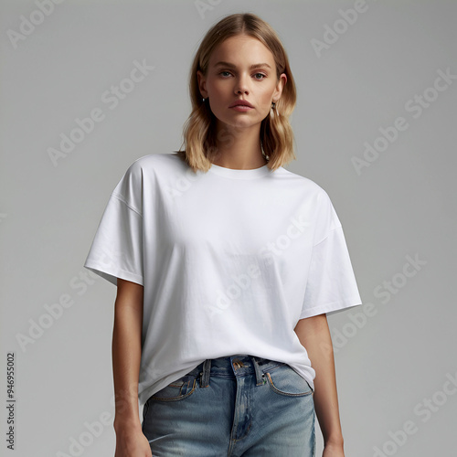 A high-quality commercial image of a white woman wearing a loose-fitting, unisex white men's t-shirt. The t-shirt features a round neck and a relaxed, slightly oversized fit.